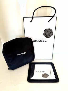 CHANEL Black Travel Pouch and Compact Mirror Set